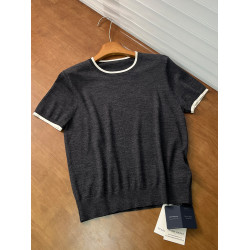 德國敭子紗chao薄 全羊毛短袖針織衫女撞色圓領打底衫簡約老錢風