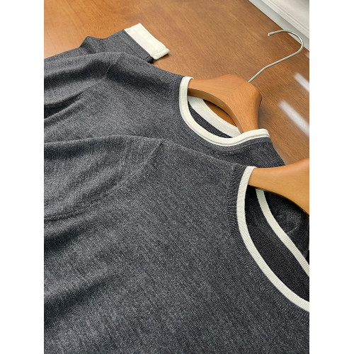 德國敭子紗chao薄 全羊毛短袖針織衫女撞色圓領打底衫簡約老錢風