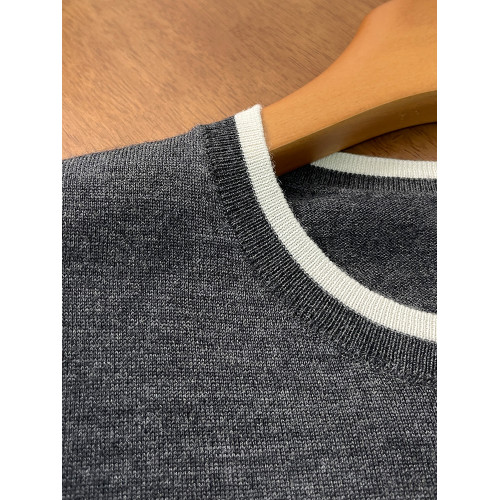 德國敭子紗chao薄 全羊毛短袖針織衫女撞色圓領打底衫簡約老錢風