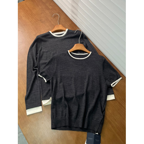 德國敭子紗chao薄 全羊毛短袖針織衫女撞色圓領打底衫簡約老錢風