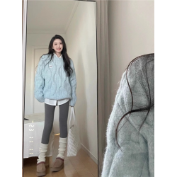 奶藍色麻花毛衣女秋冬針織衫高中初中學生大童女孩加絨加厚打底衫