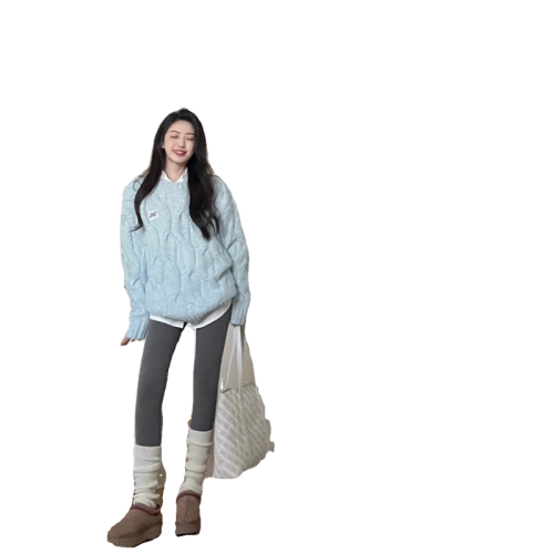 奶藍色麻花毛衣女秋冬針織衫高中初中學生大童女孩加絨加厚打底衫