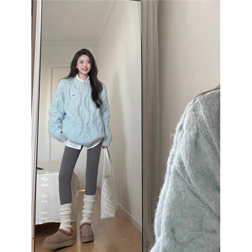 奶藍色麻花毛衣女秋冬針織衫高中初中學生大童女孩加絨加厚打底衫