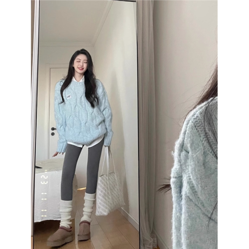 奶藍色麻花毛衣女秋冬針織衫高中初中學生大童女孩加絨加厚打底衫