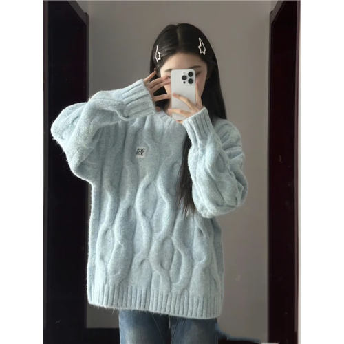 奶藍色麻花毛衣女秋冬針織衫高中初中學生大童女孩加絨加厚打底衫