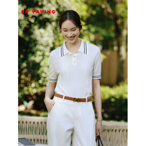 EP雅瑩2025夏裝新款女裝 翻領修身打底衫短袖套頭POLO針織衫9547B