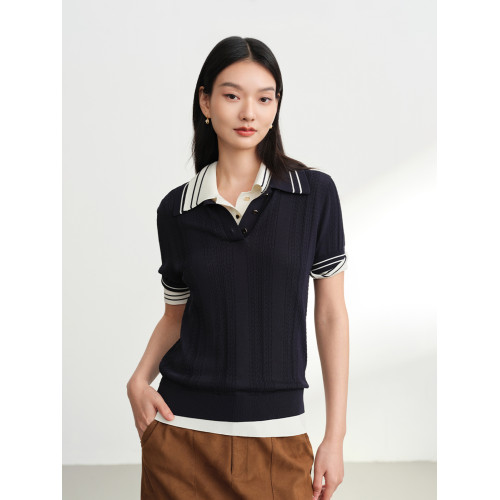 EP雅瑩2025夏裝新款女裝 翻領修身打底衫短袖套頭POLO針織衫9547B