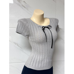 朵朵良品 自製甜美蝴蝶結系帶修身顯瘦絞花短袖針織衫 打底衫