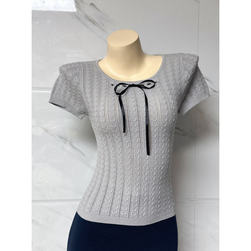 朵朵良品 自製甜美蝴蝶結系帶修身顯瘦絞花短袖針織衫 打底衫