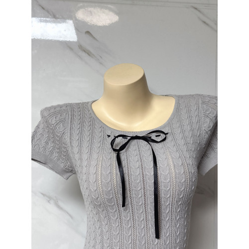 朵朵良品 自製甜美蝴蝶結系帶修身顯瘦絞花短袖針織衫 打底衫