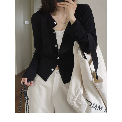 灰色天絲羊毛開衫女圓領長袖上衣薄款針織衫外套百搭短款打底衫