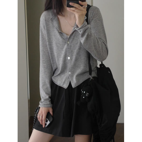 灰色天絲羊毛開衫女圓領長袖上衣薄款針織衫外套百搭短款打底衫