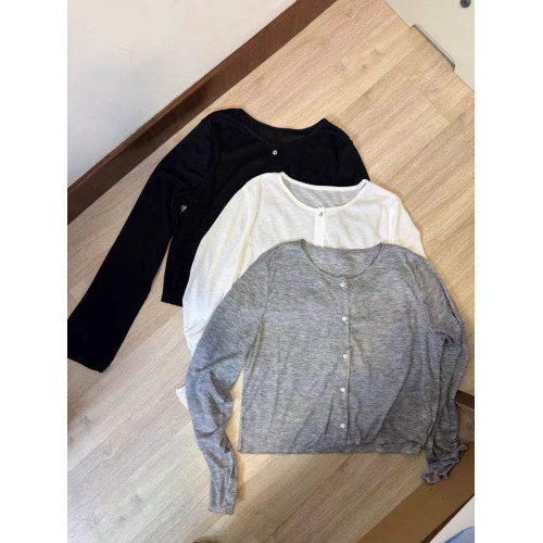 灰色天絲羊毛開衫女圓領長袖上衣薄款針織衫外套百搭短款打底衫