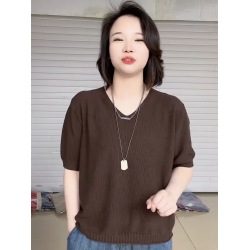 2025夏季純色短袖V領針織衫女百搭減齡寬松遮肚子打底衫歐貨上衣