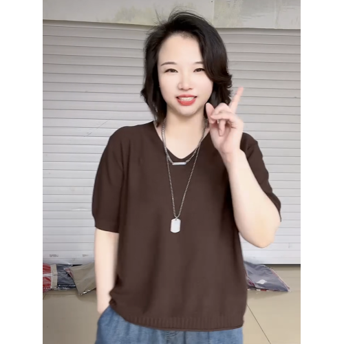 2025夏季純色短袖V領針織衫女百搭減齡寬松遮肚子打底衫歐貨上衣