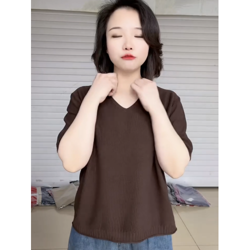 2025夏季純色短袖V領針織衫女百搭減齡寬松遮肚子打底衫歐貨上衣