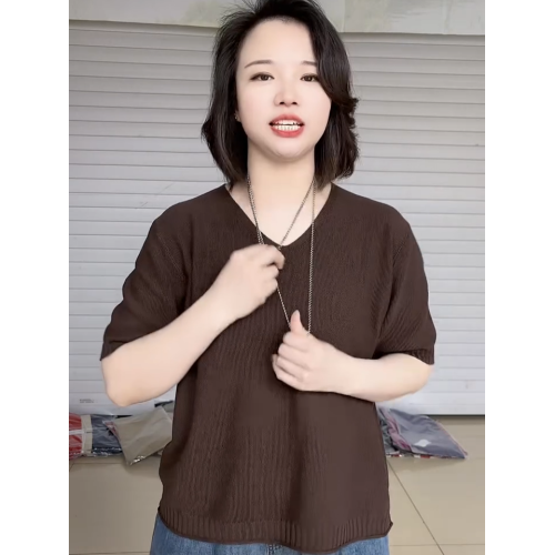 2025夏季純色短袖V領針織衫女百搭減齡寬松遮肚子打底衫歐貨上衣