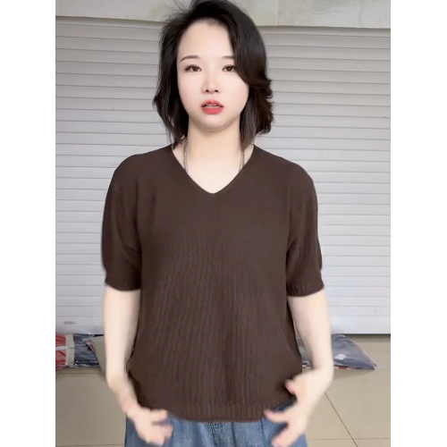 2025夏季純色短袖V領針織衫女百搭減齡寬松遮肚子打底衫歐貨上衣