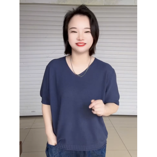 2025年夏季V領短袖針織衫女韓版大碼寬松短袖打底衫純色套頭上衣