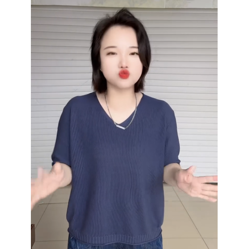 2025年夏季V領短袖針織衫女韓版大碼寬松短袖打底衫純色套頭上衣