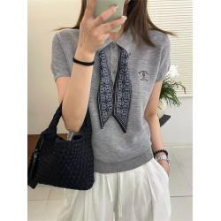 奧萊折釦店配絲巾翻領冰絲針織衫女歐洲站夏裝新款歐貨洋氣打底衫