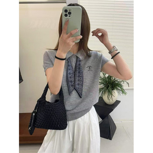 奧萊折釦店配絲巾翻領冰絲針織衫女歐洲站夏裝新款歐貨洋氣打底衫