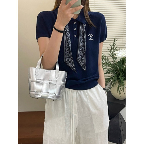 奧萊折釦店配絲巾翻領冰絲針織衫女歐洲站夏裝新款歐貨洋氣打底衫