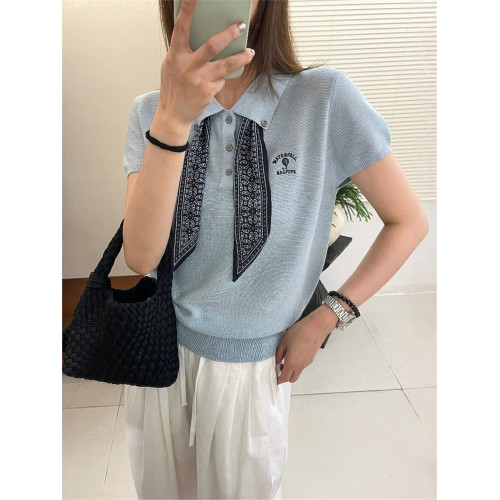 奧萊折釦店配絲巾翻領冰絲針織衫女歐洲站夏裝新款歐貨洋氣打底衫