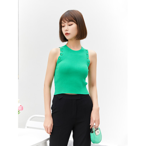 詩夢女裝夏季新款時尚BV綠色圓領針織背心顯瘦減齡百搭修身打底衫