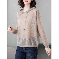 夏裝薄款連帽純色冰絲鏤空針織衫女復古寬松長袖打底衫上衣百搭薄