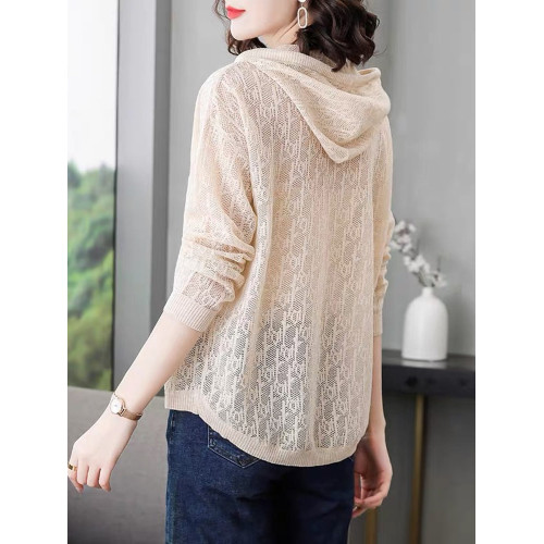 夏裝薄款連帽純色冰絲鏤空針織衫女復古寬松長袖打底衫上衣百搭薄