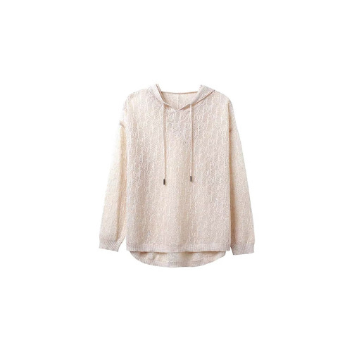 夏裝薄款連帽純色冰絲鏤空針織衫女復古寬松長袖打底衫上衣百搭薄