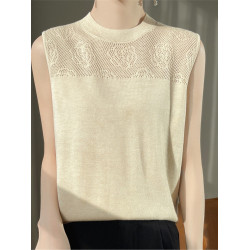 奧萊折釦店鏤空鉤花無袖針織背心女夏圓領薄款針織內搭上衣打底衫