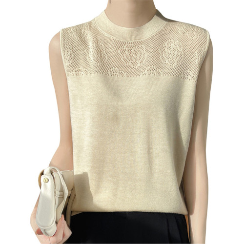 奧萊折釦店鏤空鉤花無袖針織背心女夏圓領薄款針織內搭上衣打底衫