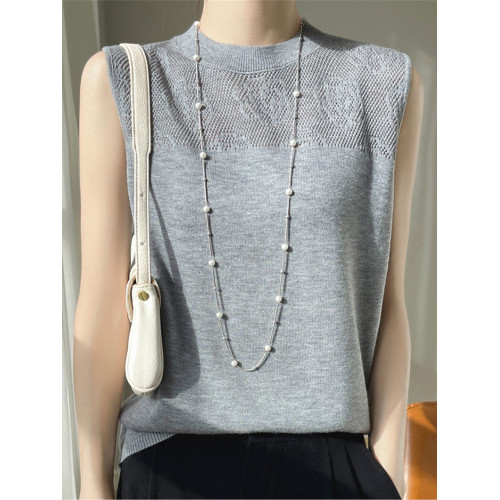 奧萊折釦店鏤空鉤花無袖針織背心女夏圓領薄款針織內搭上衣打底衫