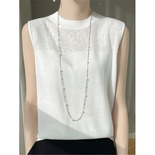 奧萊折釦店鏤空鉤花無袖針織背心女夏圓領薄款針織內搭上衣打底衫