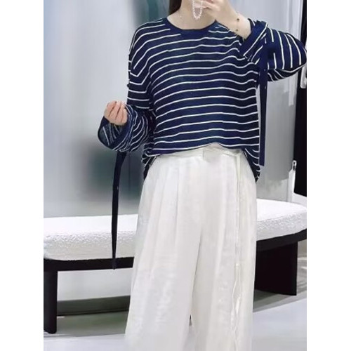 SHEJIA ED條紋長袖針織衫圓領套頭毛衣25春新休閒打底衫毛織上衣