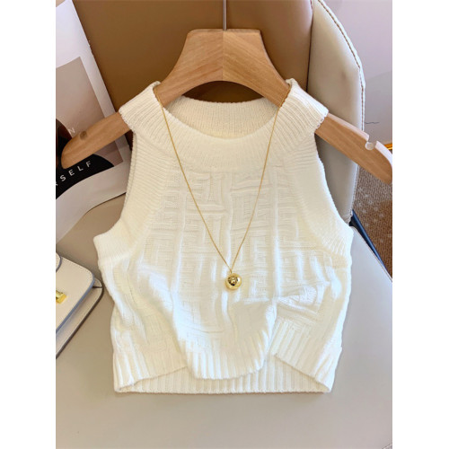 小香風冰絲針織掛脖背心女夏季款外穿短款打底衫別致露肩無袖上衣