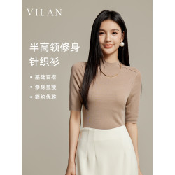 vilan/慧蘭100%綿羊毛短袖針織衫女薄款純色簡約套頭半高領打底衫
