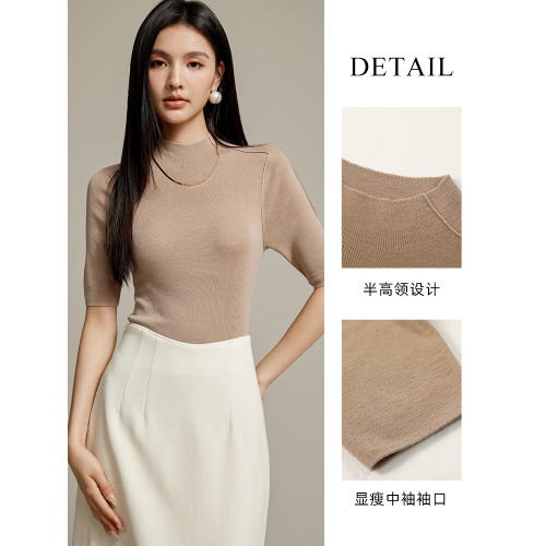 vilan/慧蘭100%綿羊毛短袖針織衫女薄款純色簡約套頭半高領打底衫