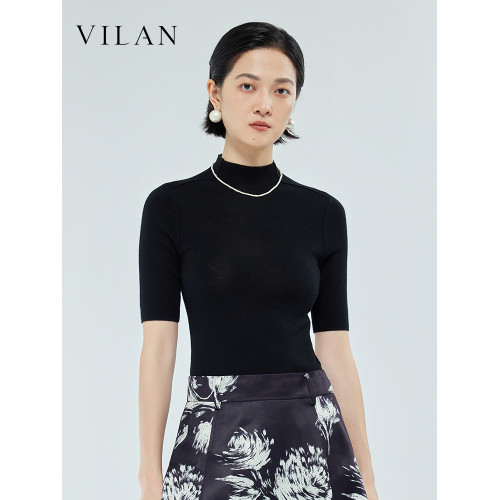 vilan/慧蘭100%綿羊毛短袖針織衫女薄款純色簡約套頭半高領打底衫
