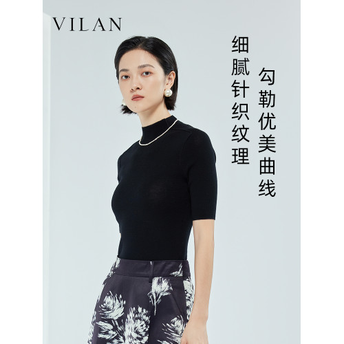 vilan/慧蘭100%綿羊毛短袖針織衫女薄款純色簡約套頭半高領打底衫