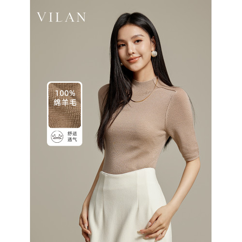vilan/慧蘭100%綿羊毛短袖針織衫女薄款純色簡約套頭半高領打底衫