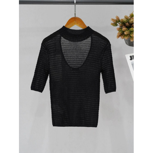 SHEJIA ED後背鏤空黑色針織衫微透短袖打底衫女24春款含羊毛上衣