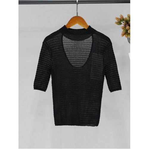 SHEJIA ED後背鏤空黑色針織衫微透短袖打底衫女24春款含羊毛上衣