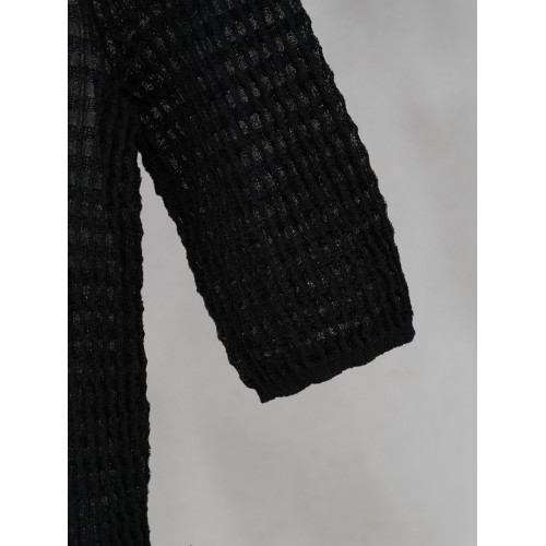 SHEJIA ED後背鏤空黑色針織衫微透短袖打底衫女24春款含羊毛上衣