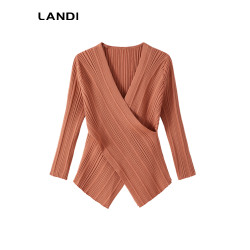 LANDI交叉V領設計感修身顯瘦針織衫女春新品肌理感打底衫上衣