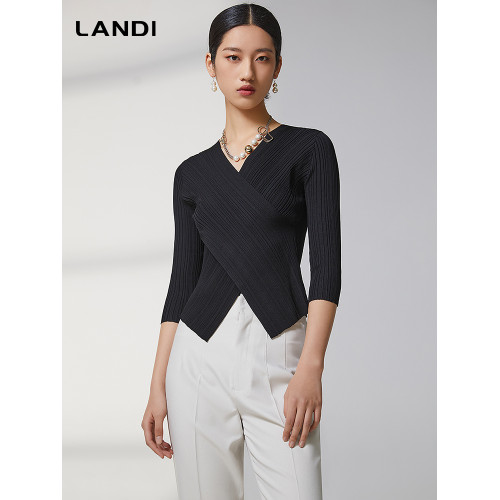 LANDI交叉V領設計感修身顯瘦針織衫女春新品肌理感打底衫上衣