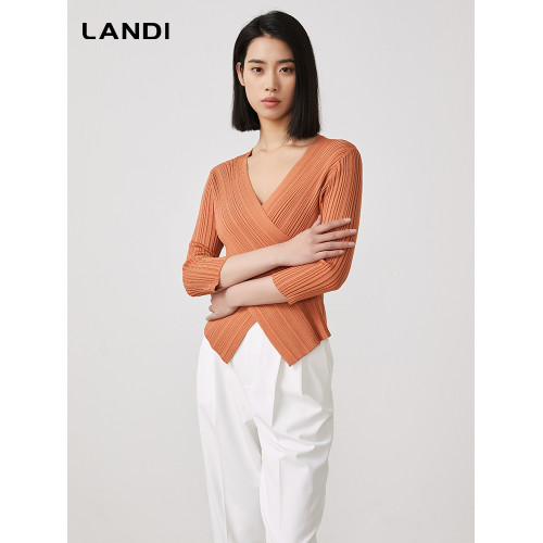 LANDI交叉V領設計感修身顯瘦針織衫女春新品肌理感打底衫上衣
