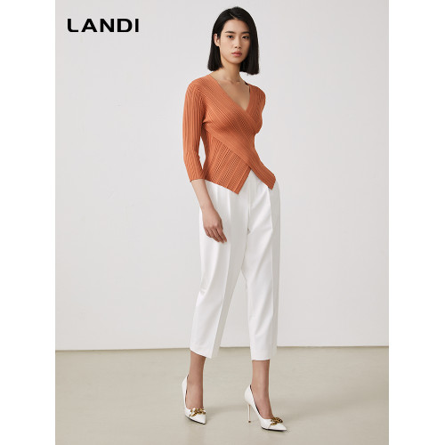 LANDI交叉V領設計感修身顯瘦針織衫女春新品肌理感打底衫上衣